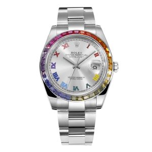 Datejust 41 Silver Dial Roman Markers with Rainbow Diamond Bezel in Steel on Oyster Bracelet