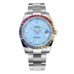 Datejust 41 Tiffany Blue Dial Stick Markers with Rainbow Diamond Bezel in Steel on Oyster Bracelet