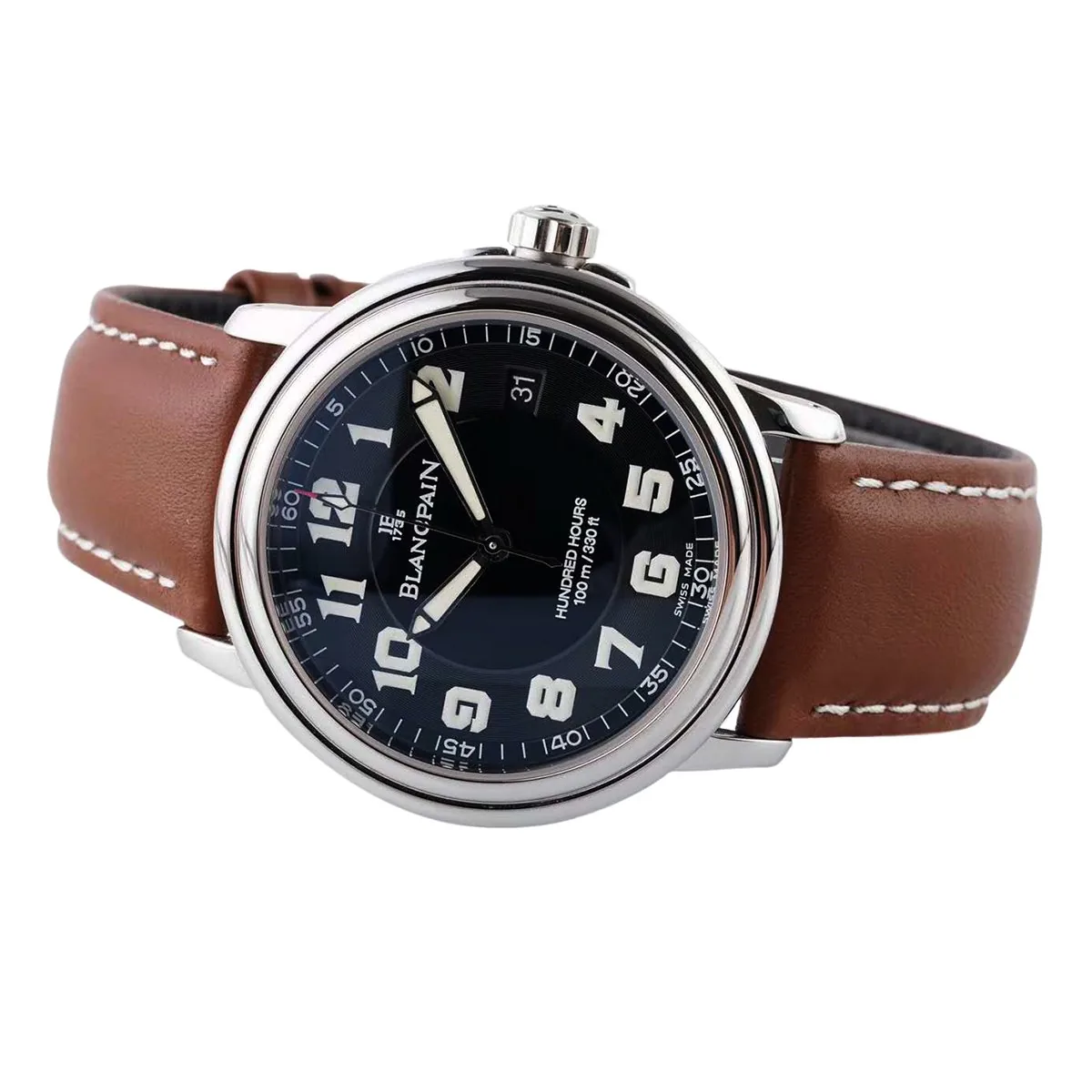 Hundred Hours cadran noir en acier sur bracelet en cuir marron – Image 2