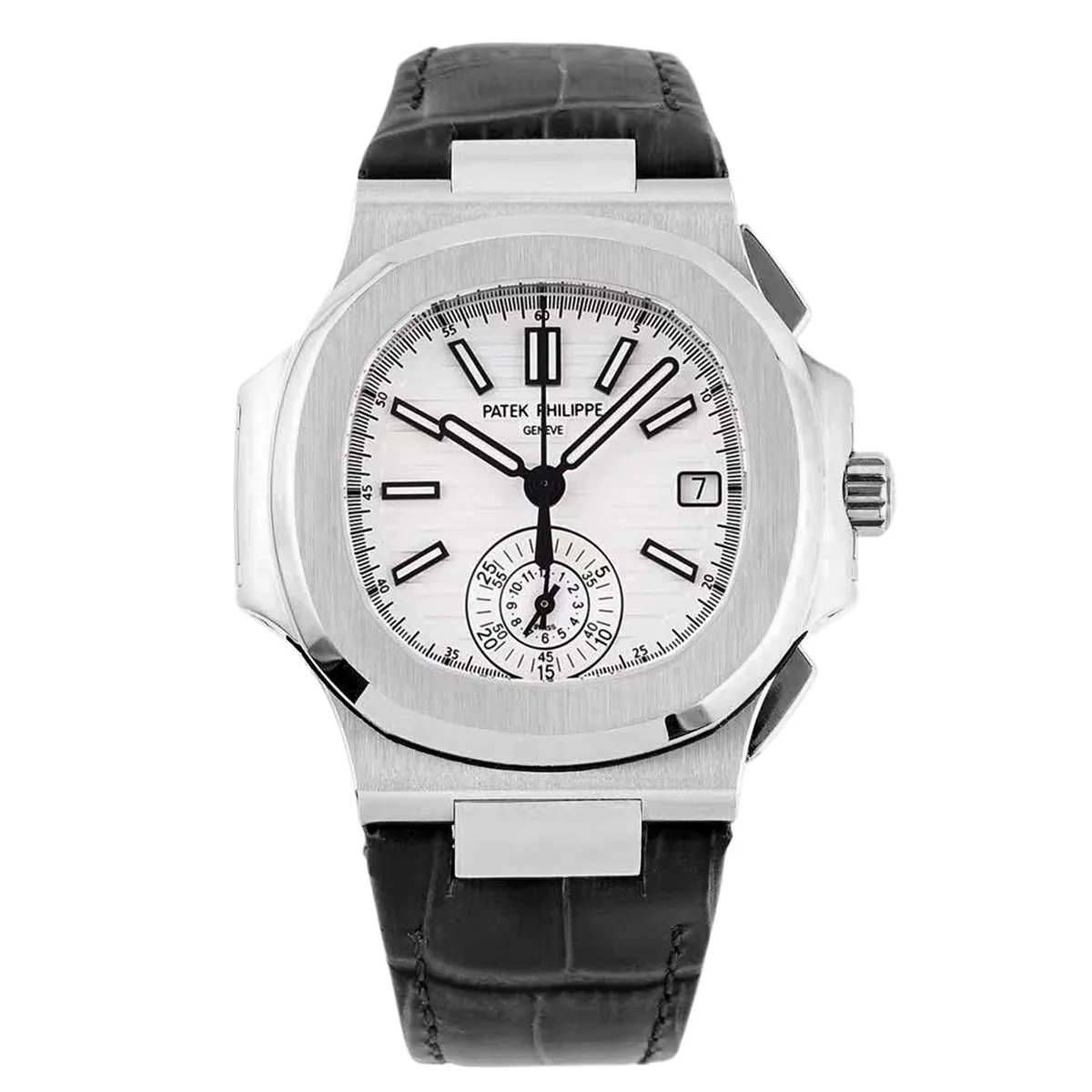 Nautilus 5980/1A-019 cadran blanc en acier sur bracelet en cuir