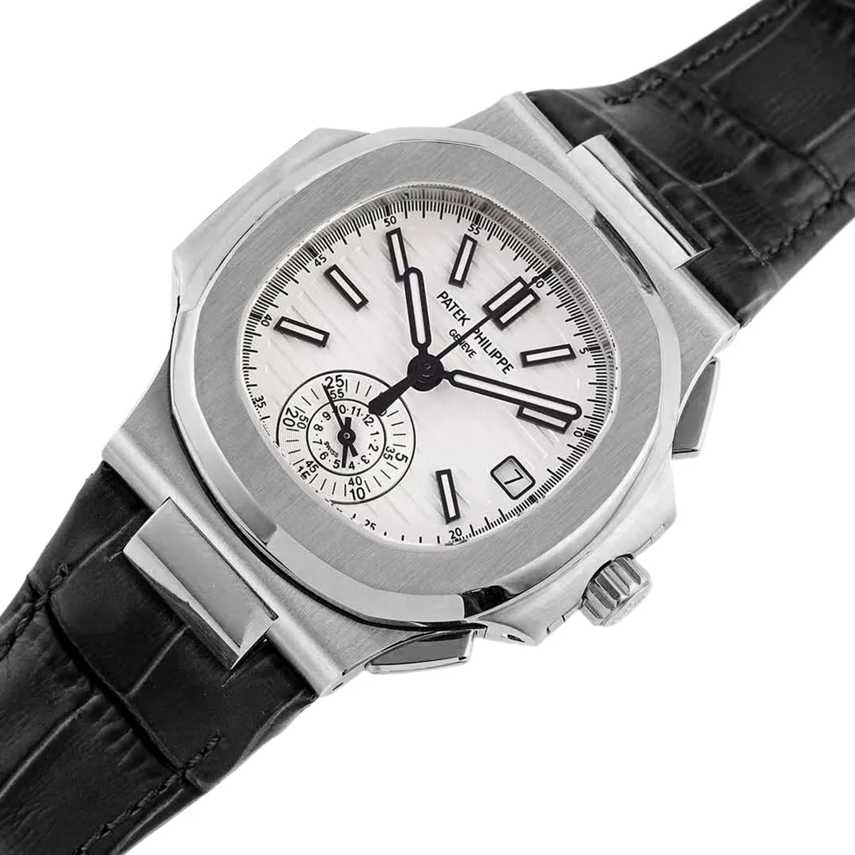 Nautilus 5980/1A-019 cadran blanc en acier sur bracelet en cuir – Image 2