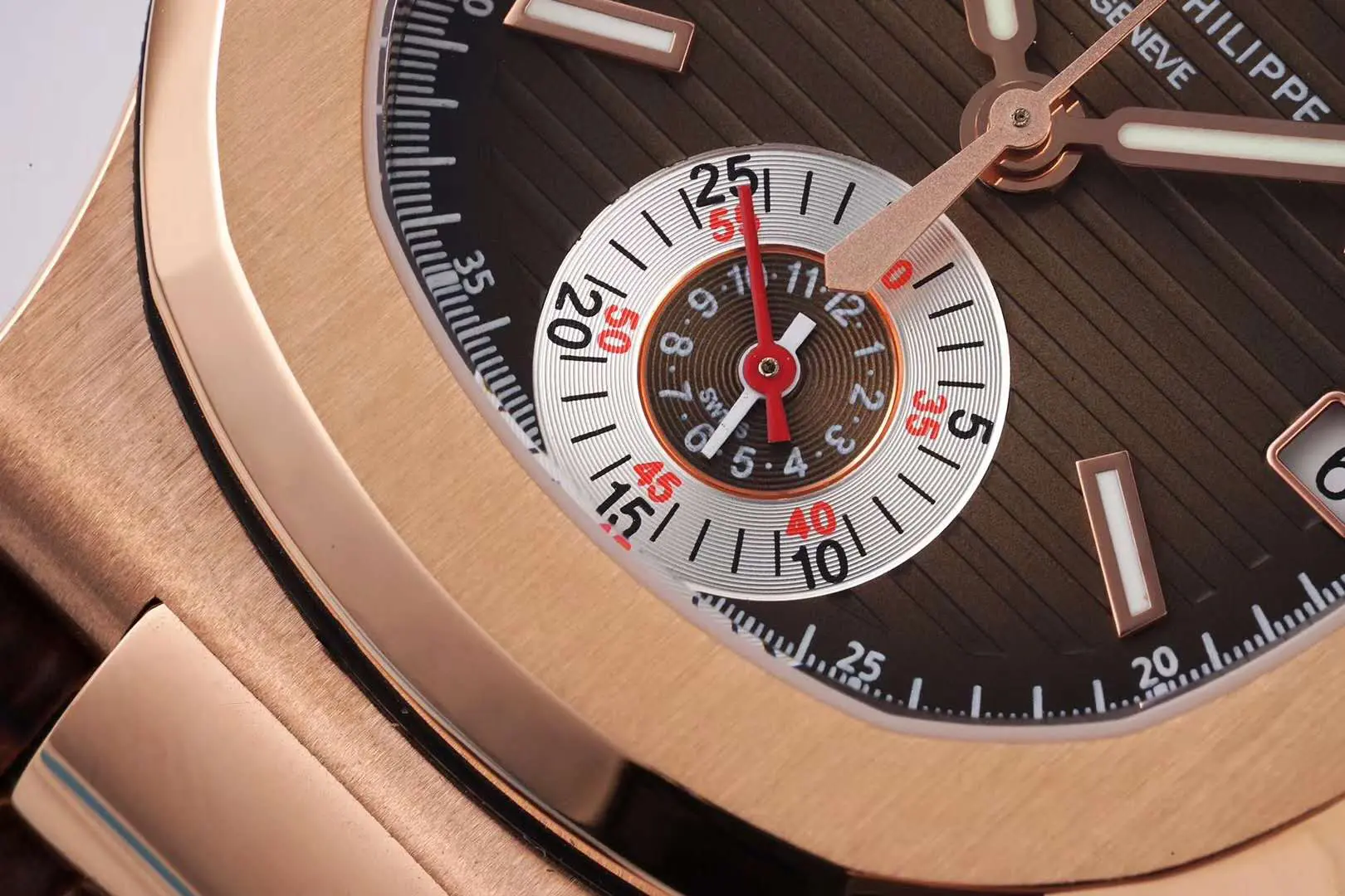 Nautilus Chronograph 5980/R-001 in Roségold am braunen Lederarmband – Bild 5