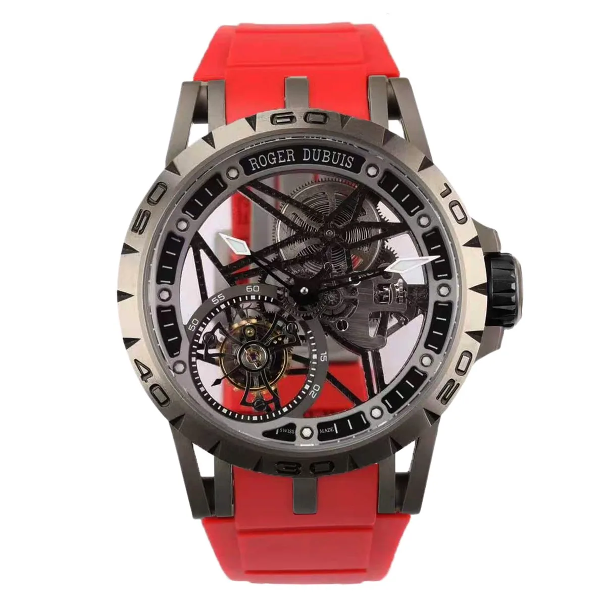 Excalibur Spider squelette tourbillon volant avec bracelet en caoutchouc rouge