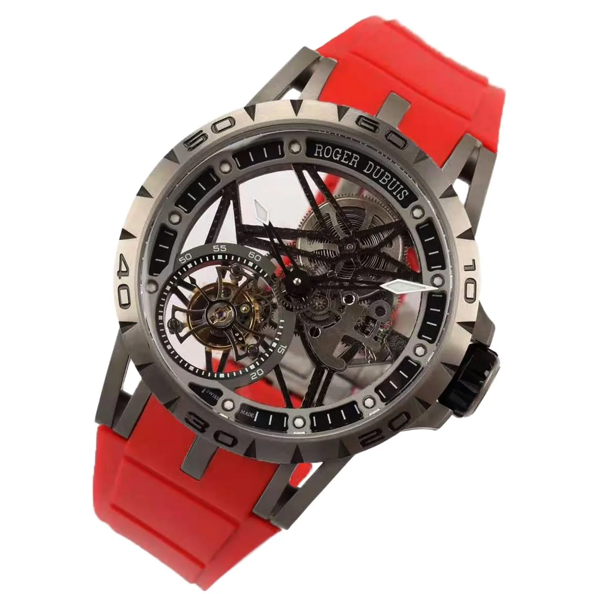 Excalibur Spider squelette tourbillon volant avec bracelet en caoutchouc rouge – Image 2