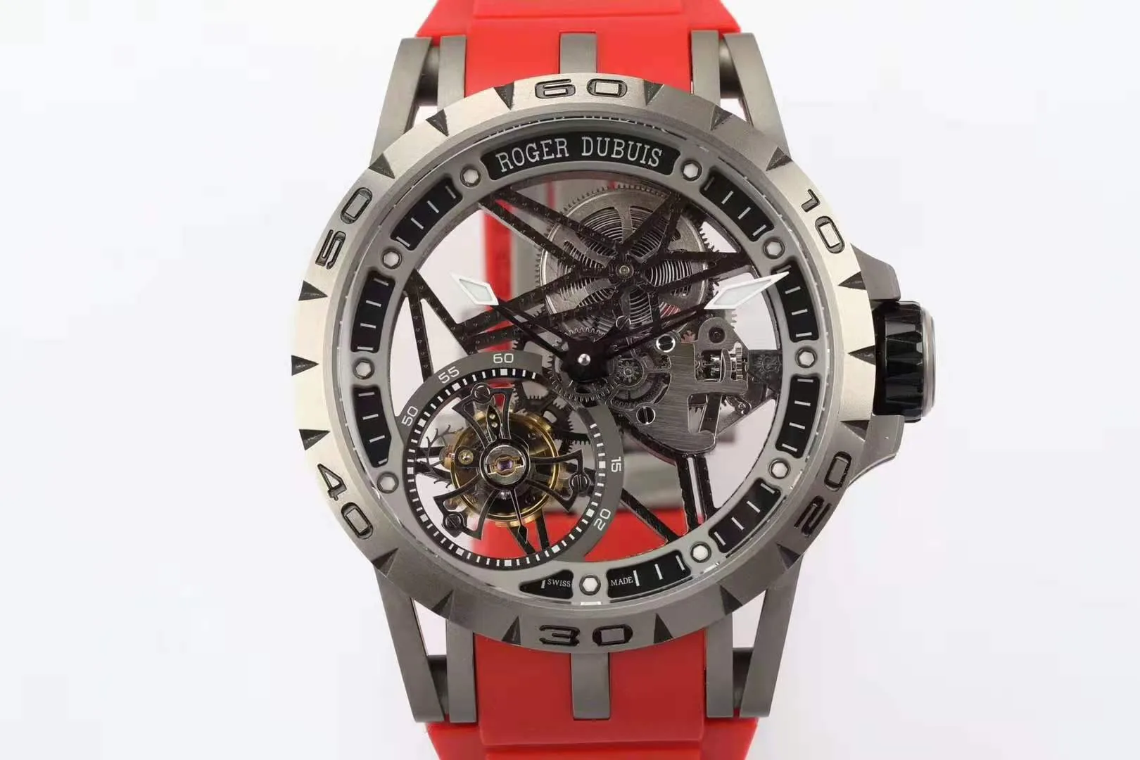 Excalibur Spider squelette tourbillon volant avec bracelet en caoutchouc rouge – Image 7