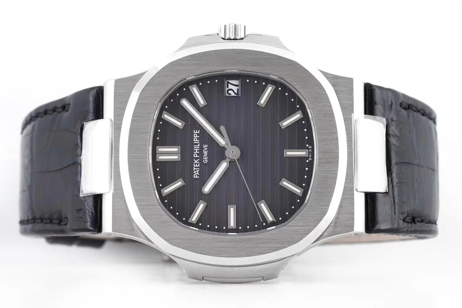 Nautilus Jumbo 5711 cadran gris en acier avec bracelet en cuir noir – Image 3