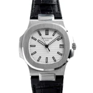 Nautilus Jumbo 5711 weißes Zifferblatt in Stahl mit schwarzem Lederarmband