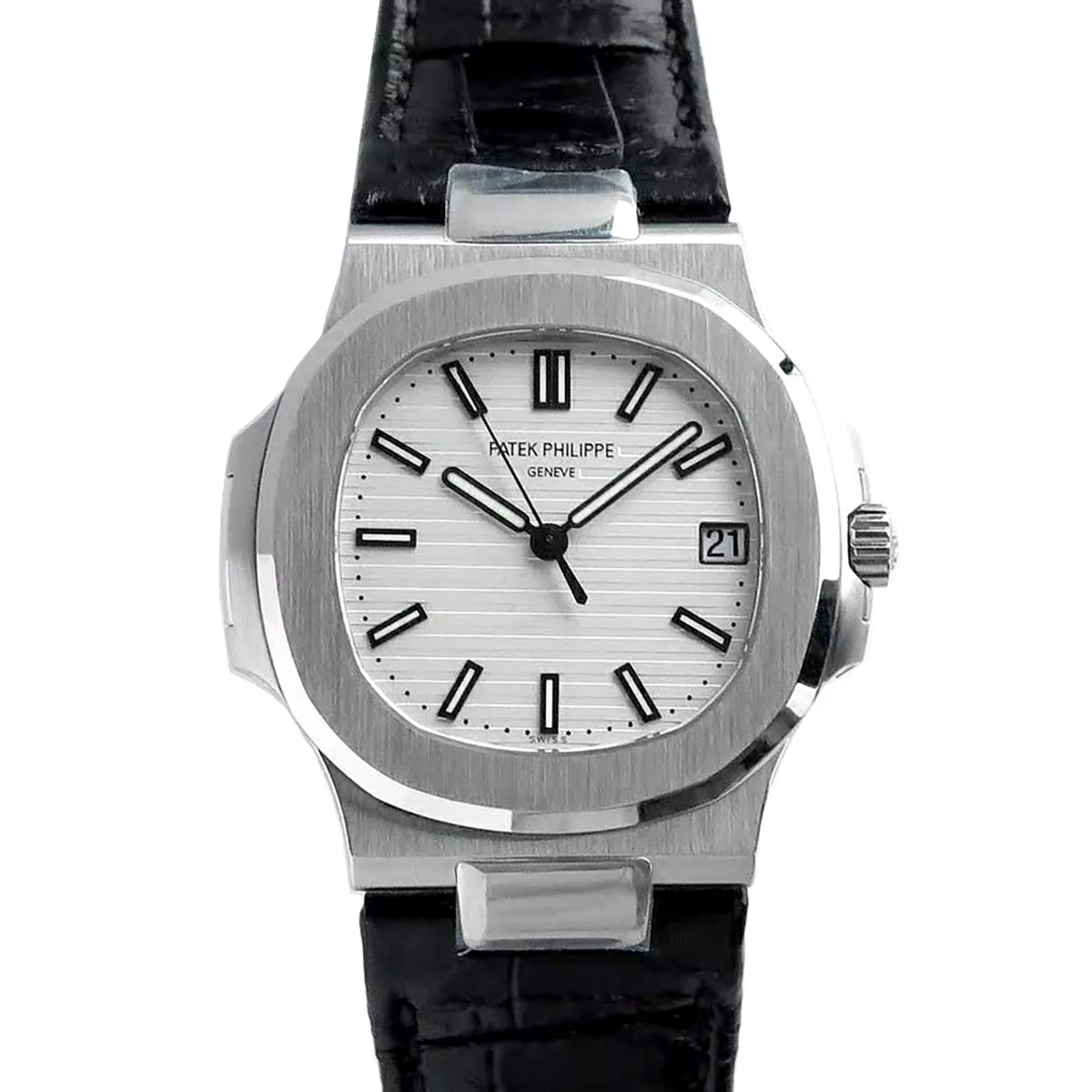 Nautilus Jumbo 5711 quadrante bianco in acciaio con cinturino in pelle nero