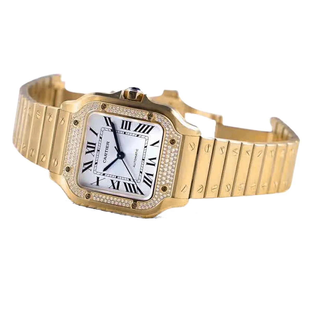 Santos de Cartier esfera blanca con bisel de diamantes en oro amarillo - Imagen 2
