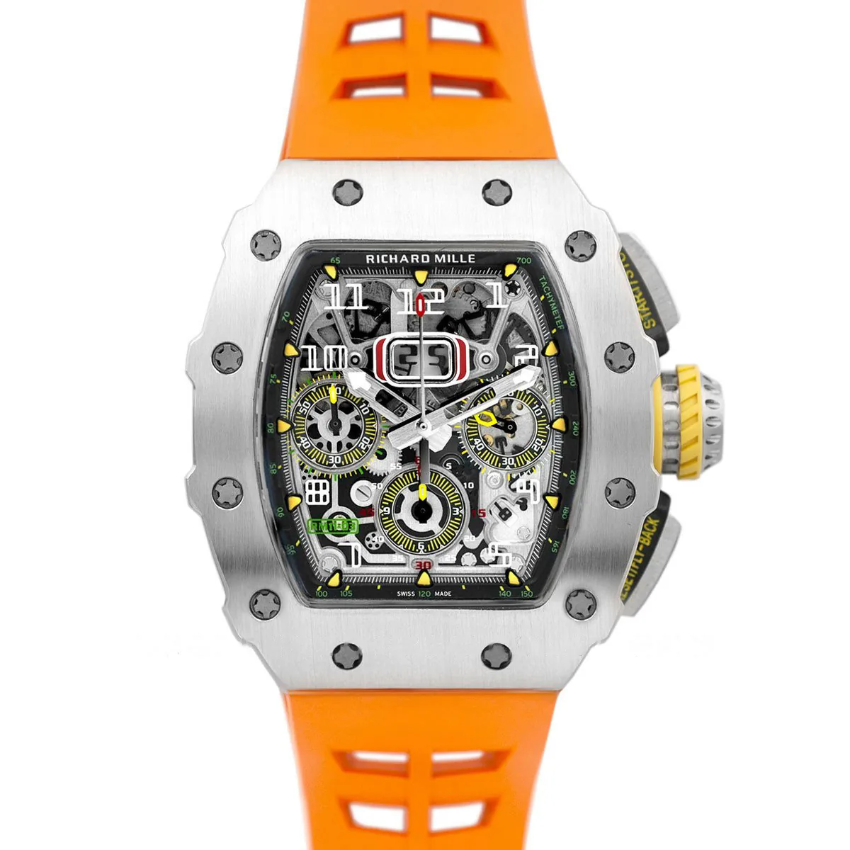 RM 011-03 Automatik Flyback-Chronograph in Titan am orangefarbenen Kautschukarmband