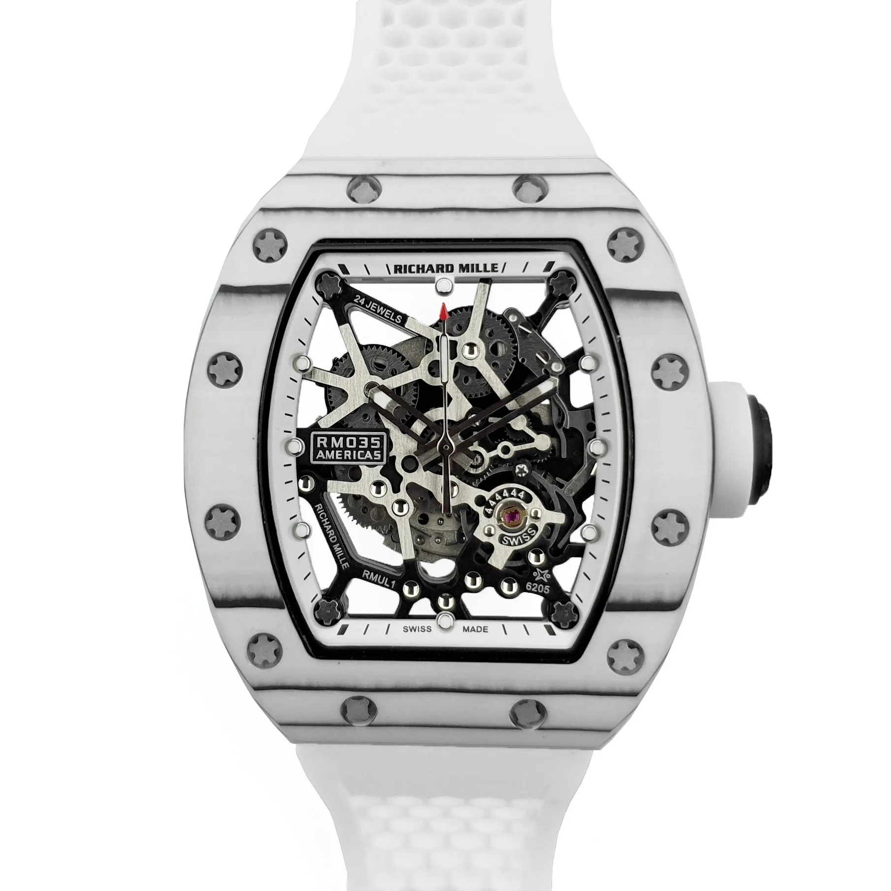 RM 035-02 Black Toro Americas en carbone NTPT sur bracelet en caoutchouc blanc