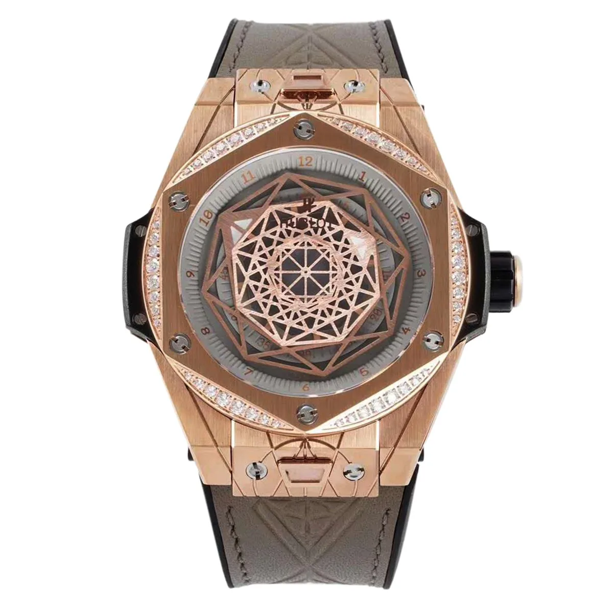 Big Bang Unico Sang Bleu en oro rosa con bisel de diamantes con correa de piel marrón