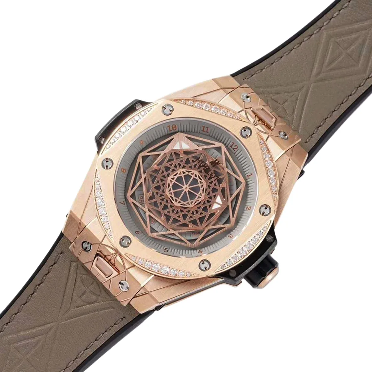 Big Bang Unico Sang Bleu en oro rosa con bisel de diamantes con correa de piel marrón - Imagen 2