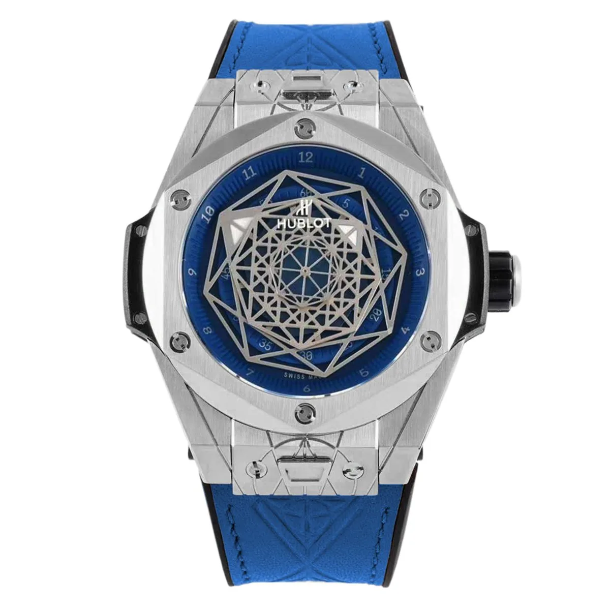 Big Bang Unico Sang Bleu en acier sur bracelet en cuir bleu