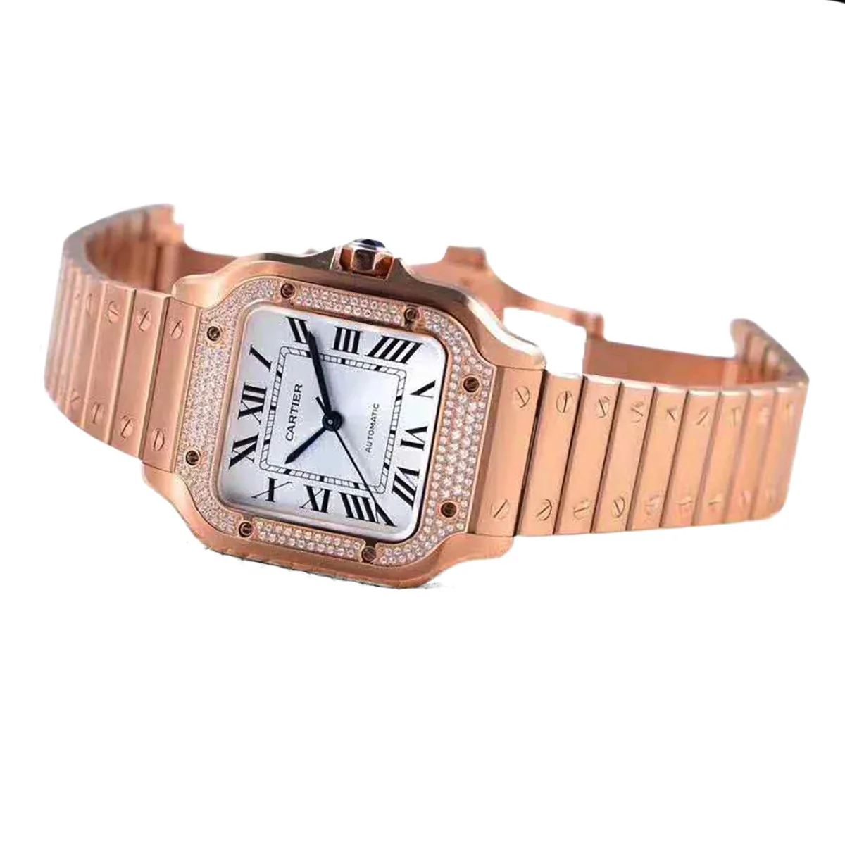 Santos de Cartier esfera blanca con bisel de diamantes en oro rosa - Imagen 2