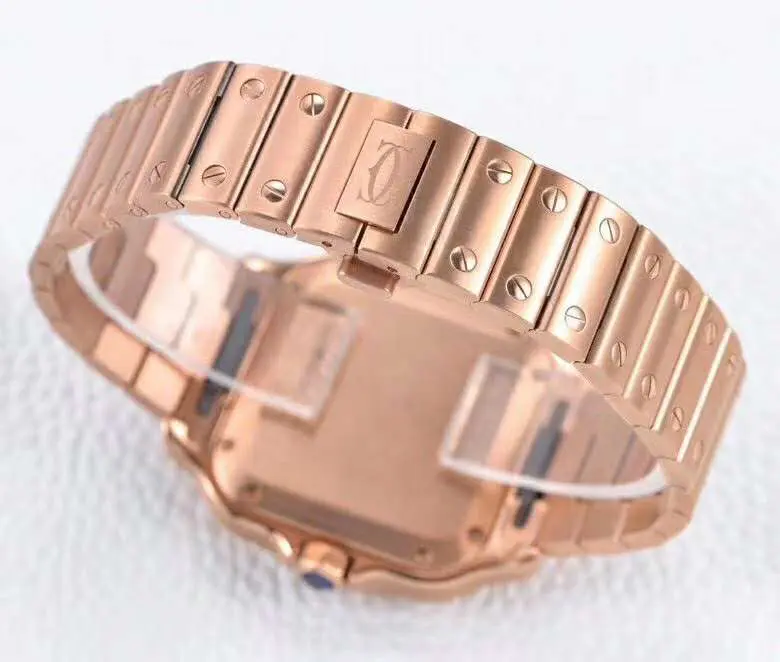 Santos de Cartier esfera blanca con bisel de diamantes en oro rosa - Imagen 7