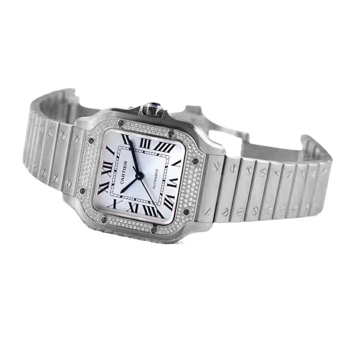 Santos de Cartier esfera blanca con bisel de diamantes en acero - Imagen 2