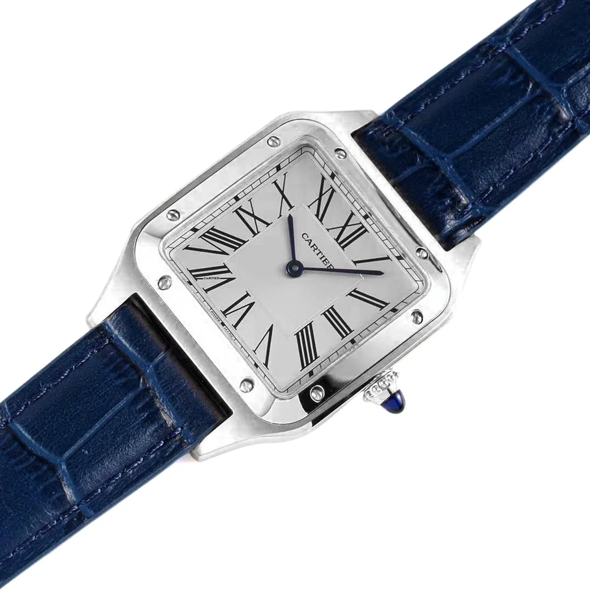 Santos-Dumont cadran blanc en acier sur bracelet en cuir bleu – Image 2