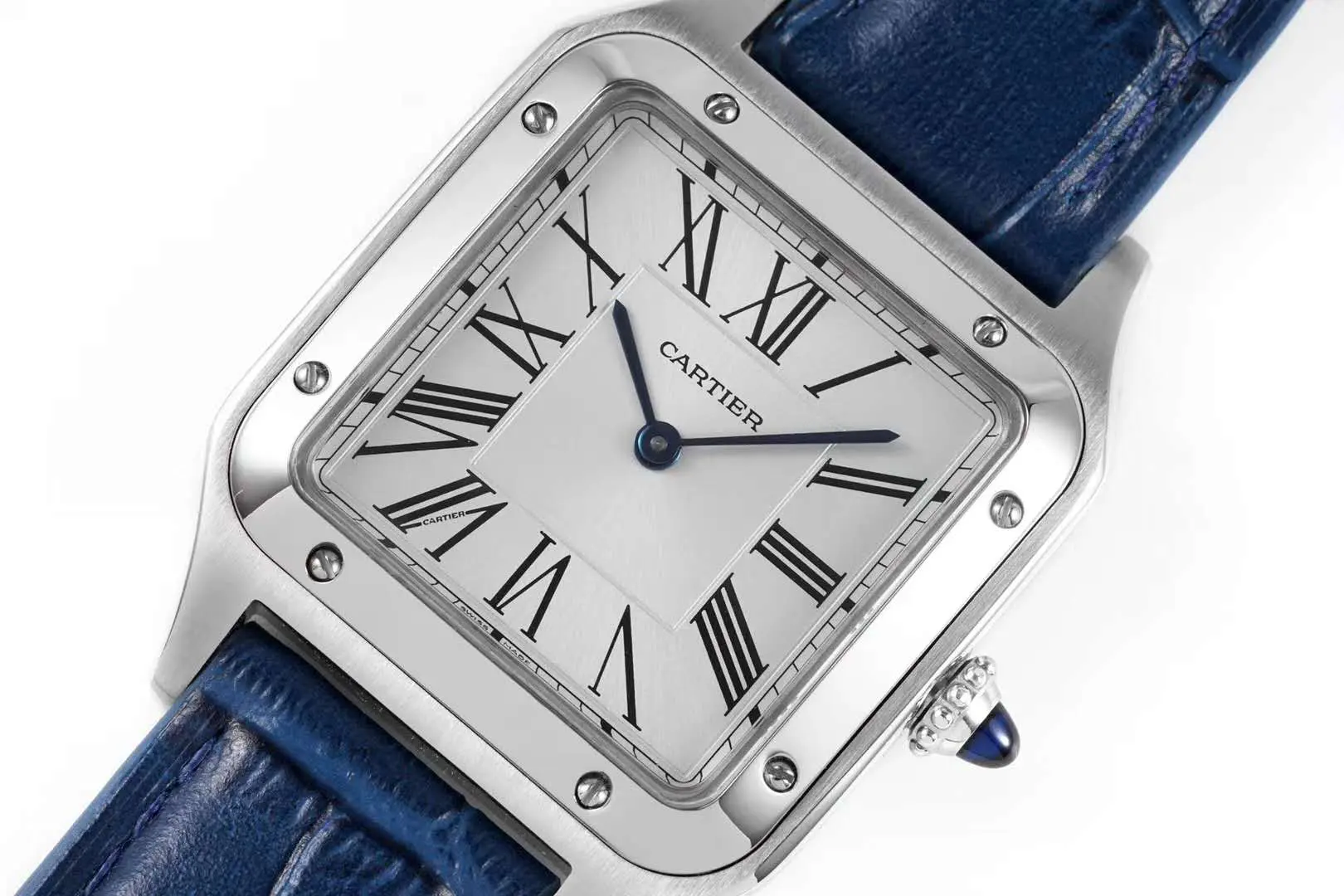 Santos-Dumont cadran blanc en acier sur bracelet en cuir bleu – Image 3