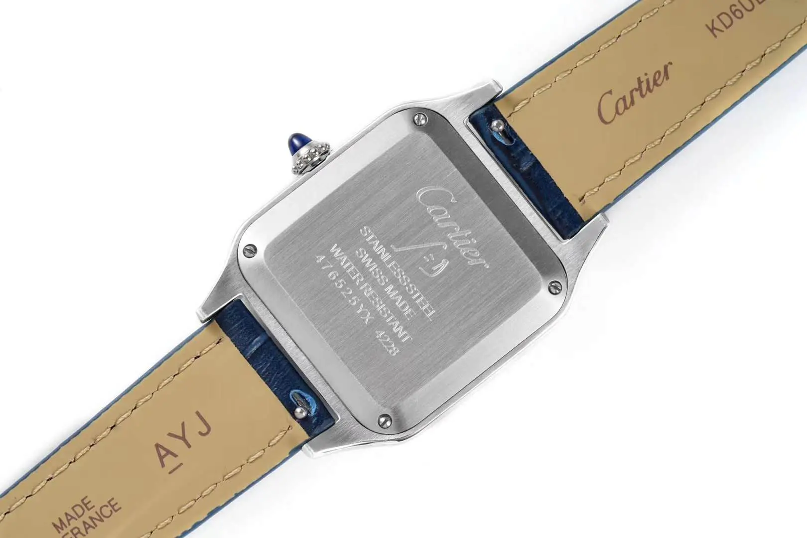 Santos-Dumont cadran blanc en acier sur bracelet en cuir bleu – Image 6
