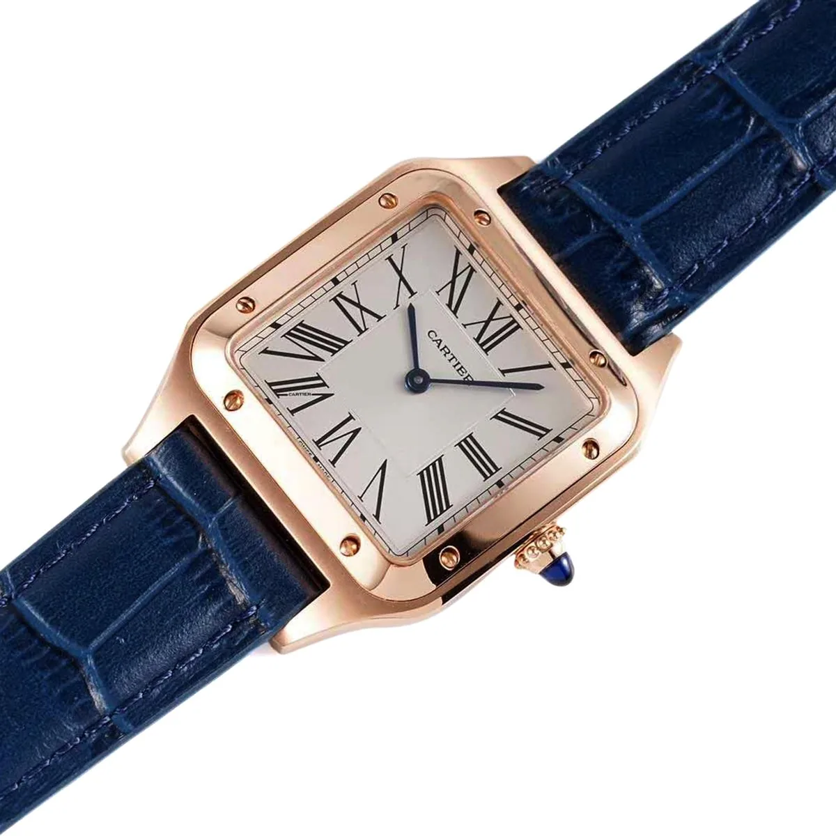 Santos-Dumont quadrante bianco in oro rosa su cinturino in pelle blu - immagine 5