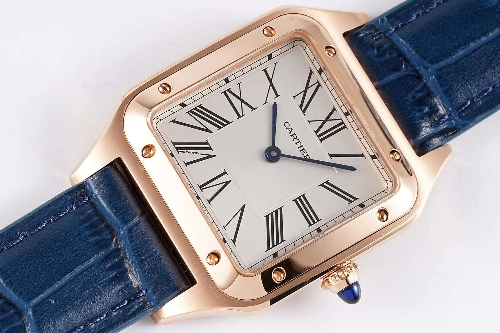 Santos-Dumont quadrante bianco in oro rosa su cinturino in pelle blu - immagine 2
