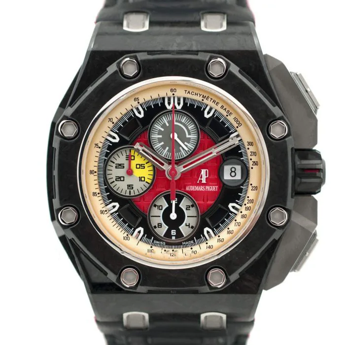 Royal Oak Offshore 26290IO 44mm Keramik JF schwarz/rotes Zifferblatt am schwarzen Lederarmband A3126
