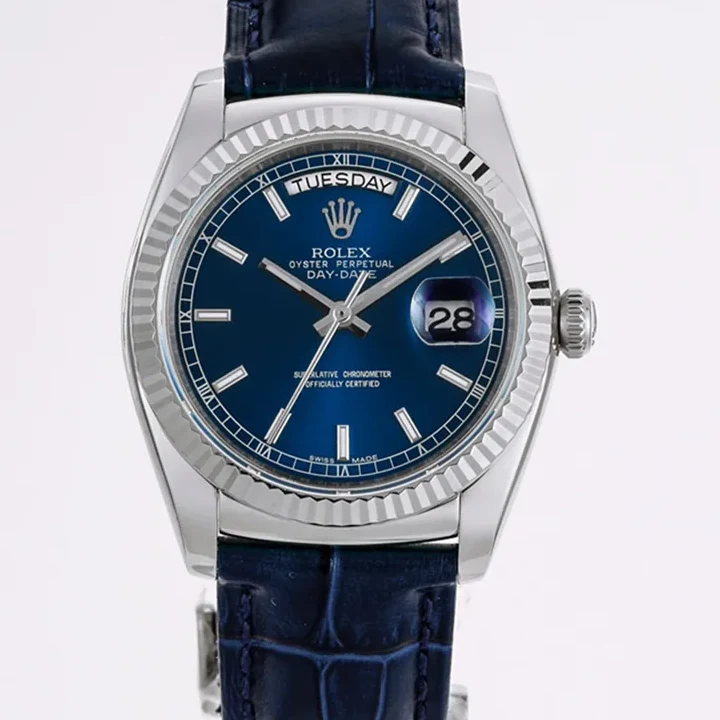 Day-Date 40 Blue Dial in White Gold on Leather Strap