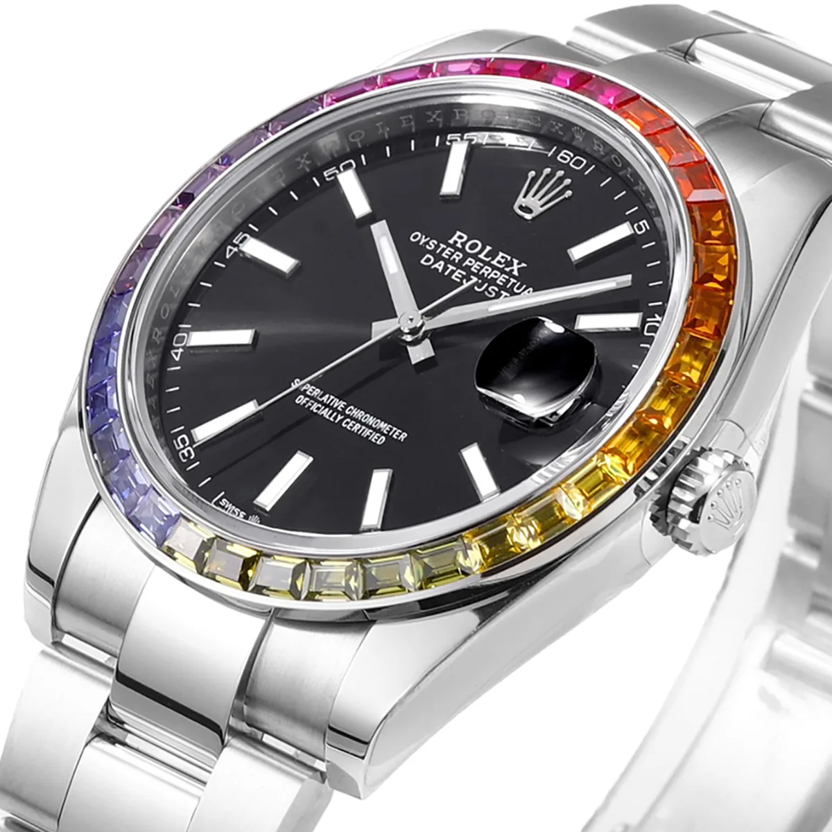 Datejust 41 quadrante nero indici a bastone con lunetta con diamanti arcobaleno in acciaio su bracciale Oyster - immagine 2