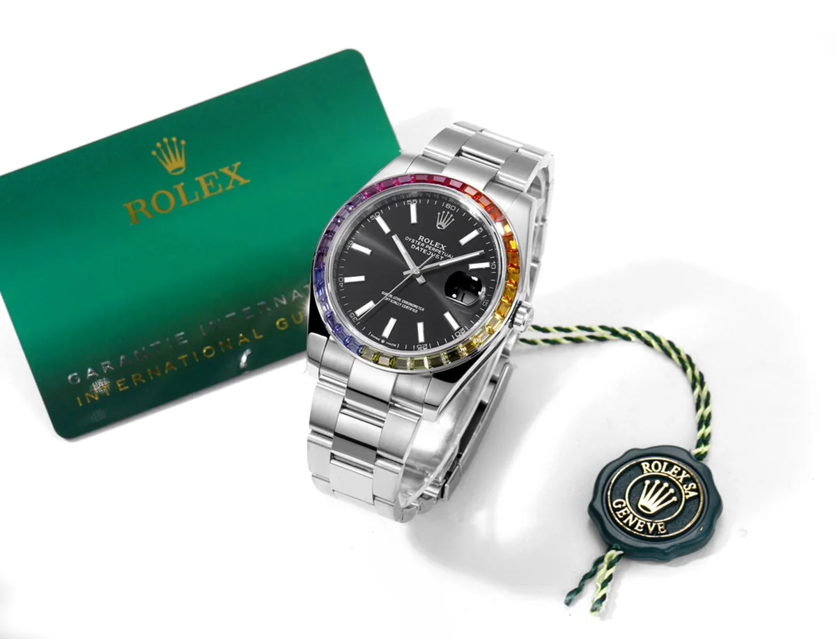 Datejust 41 quadrante nero indici a bastone con lunetta con diamanti arcobaleno in acciaio su bracciale Oyster - immagine 9