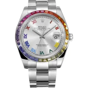 Datejust 41 Silver Dial Roman Markers with Rainbow Diamond Bezel in Steel on Oyster Bracelet