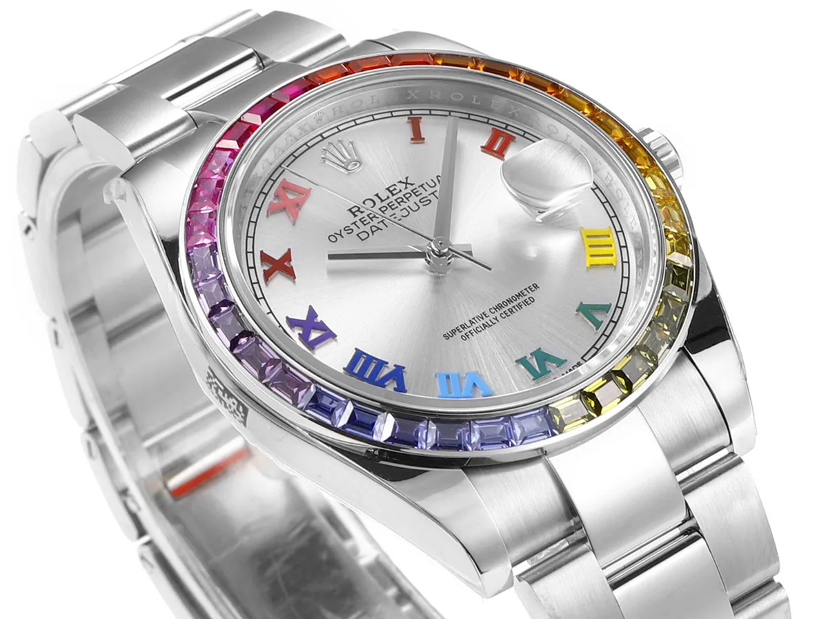 Datejust 41 cadran argenté index romains lunette diamants arc-en-ciel en acier sur bracelet Oyster – Image 3