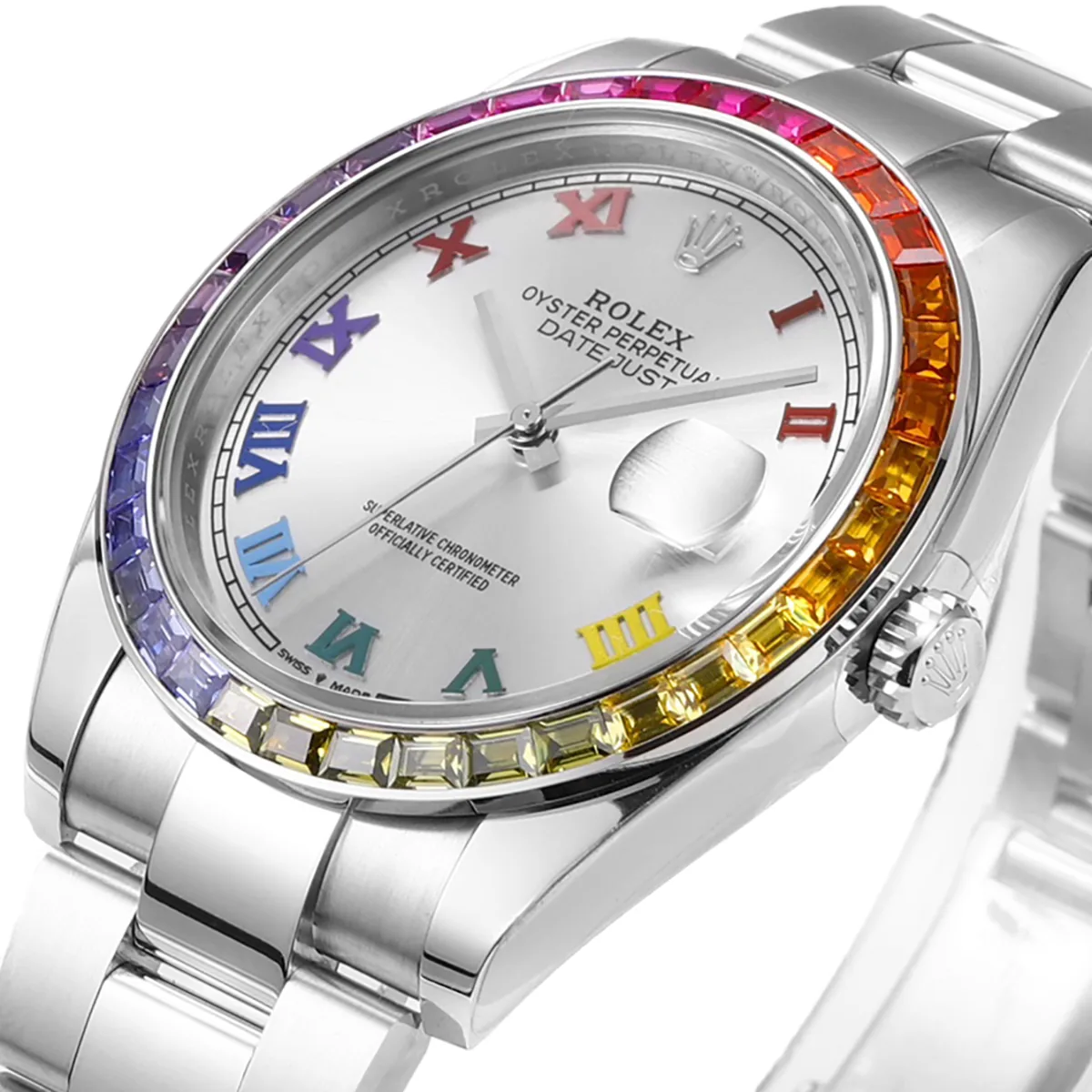 Datejust 41 cadran argenté index romains lunette diamants arc-en-ciel en acier sur bracelet Oyster – Image 2
