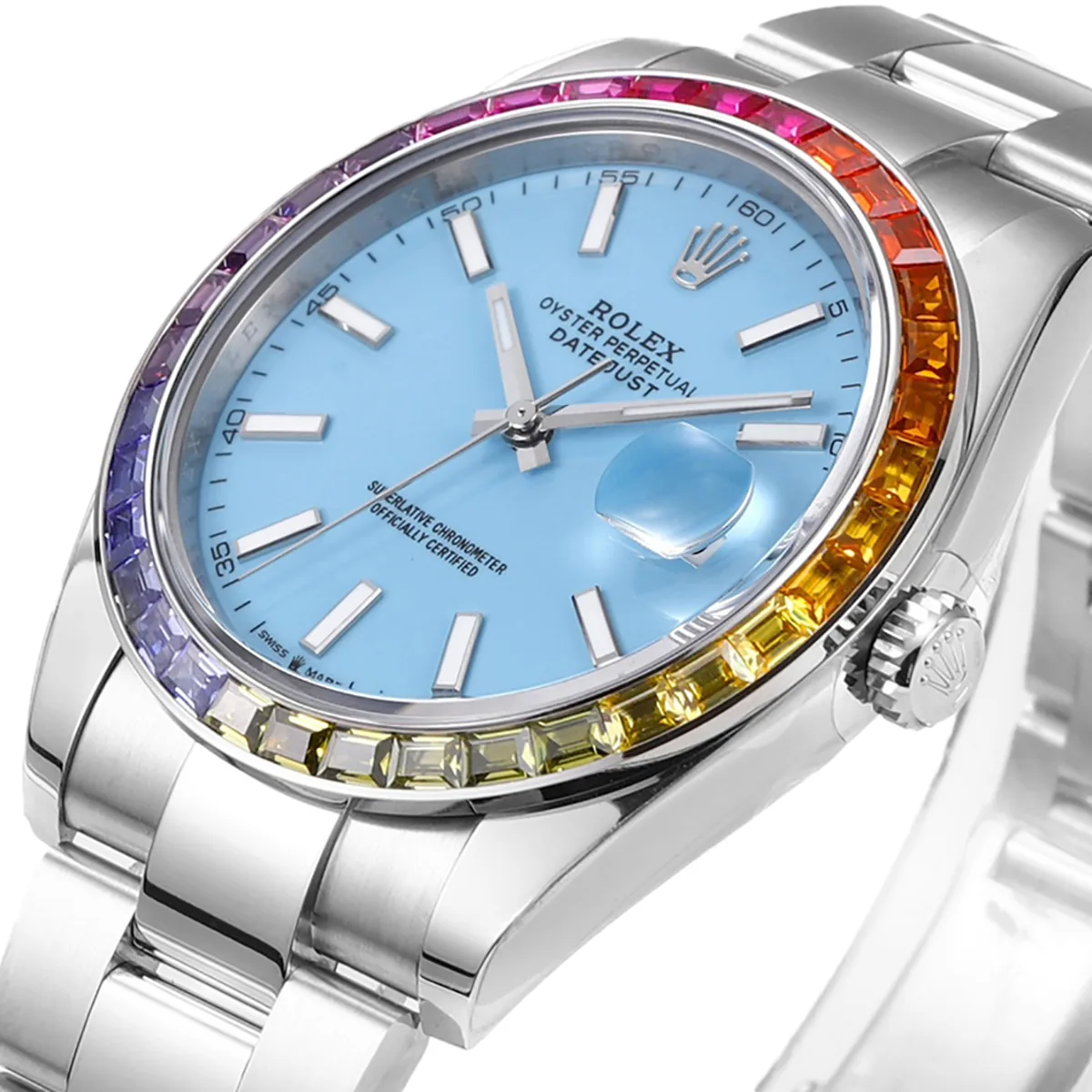 Datejust 41 esfera azul Tiffany índices de bastón con bisel de diamantes arcoíris en acero con brazalete Oyster - Imagen 2