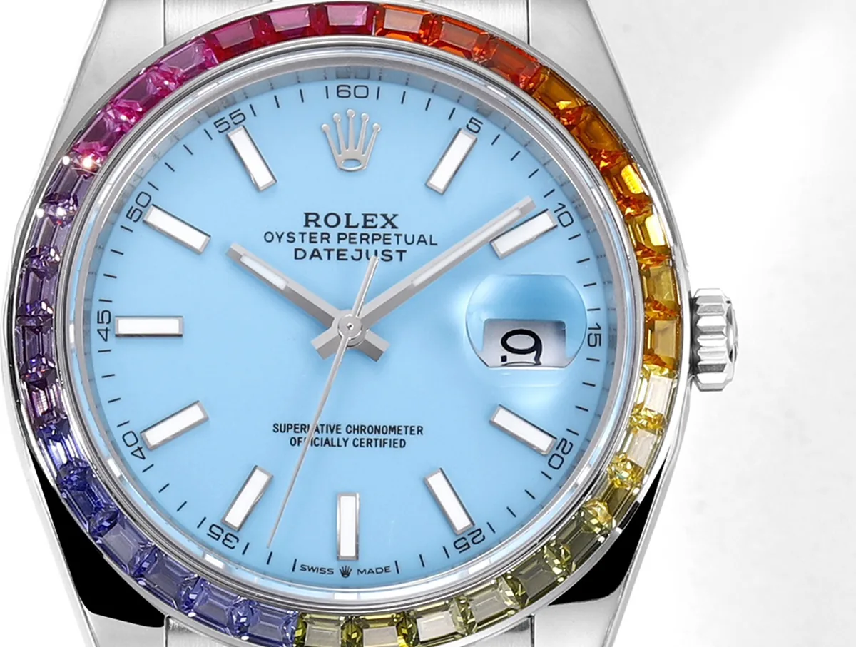 Datejust 41 esfera azul Tiffany índices de bastón con bisel de diamantes arcoíris en acero con brazalete Oyster - Imagen 6
