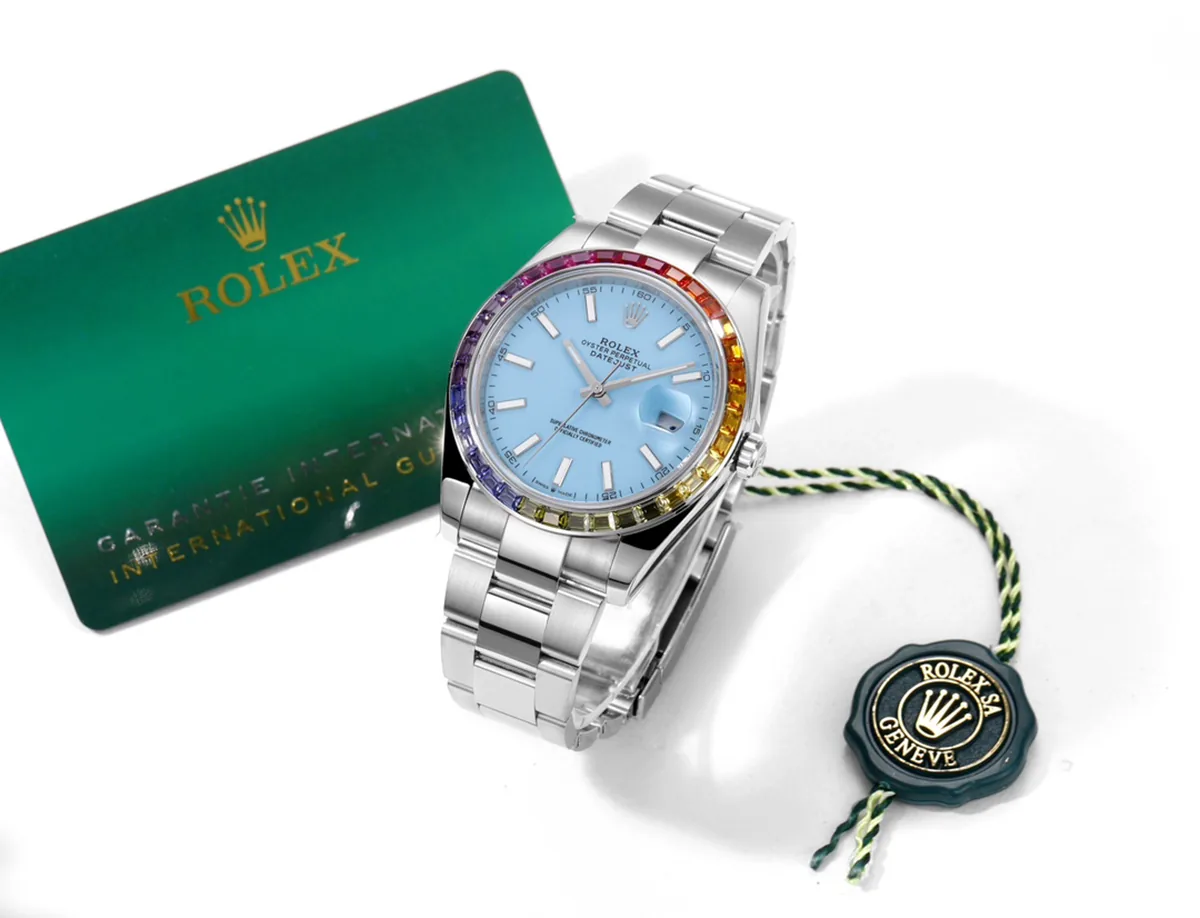 Datejust 41 esfera azul Tiffany índices de bastón con bisel de diamantes arcoíris en acero con brazalete Oyster - Imagen 9