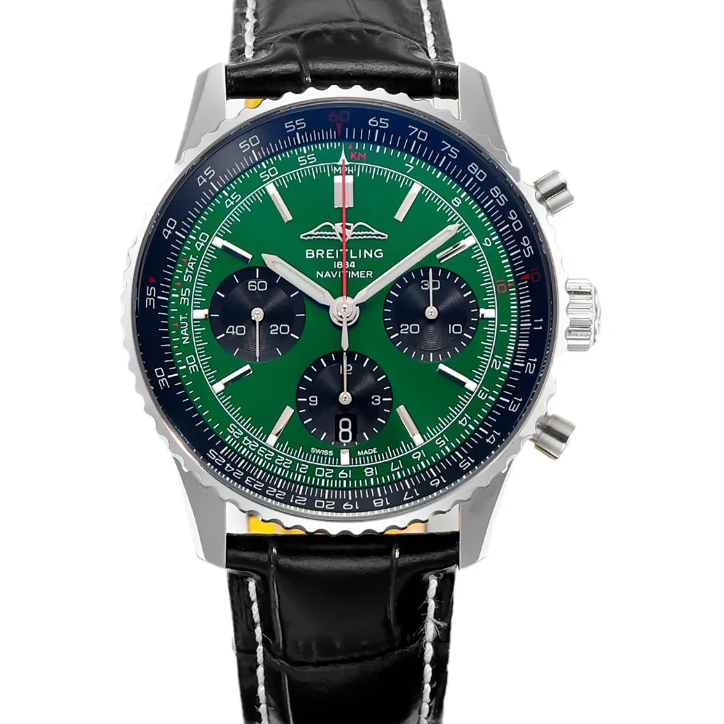 Navitimer B01 Chronograph 43 Dark Green Dial in Steel on Leather Strap