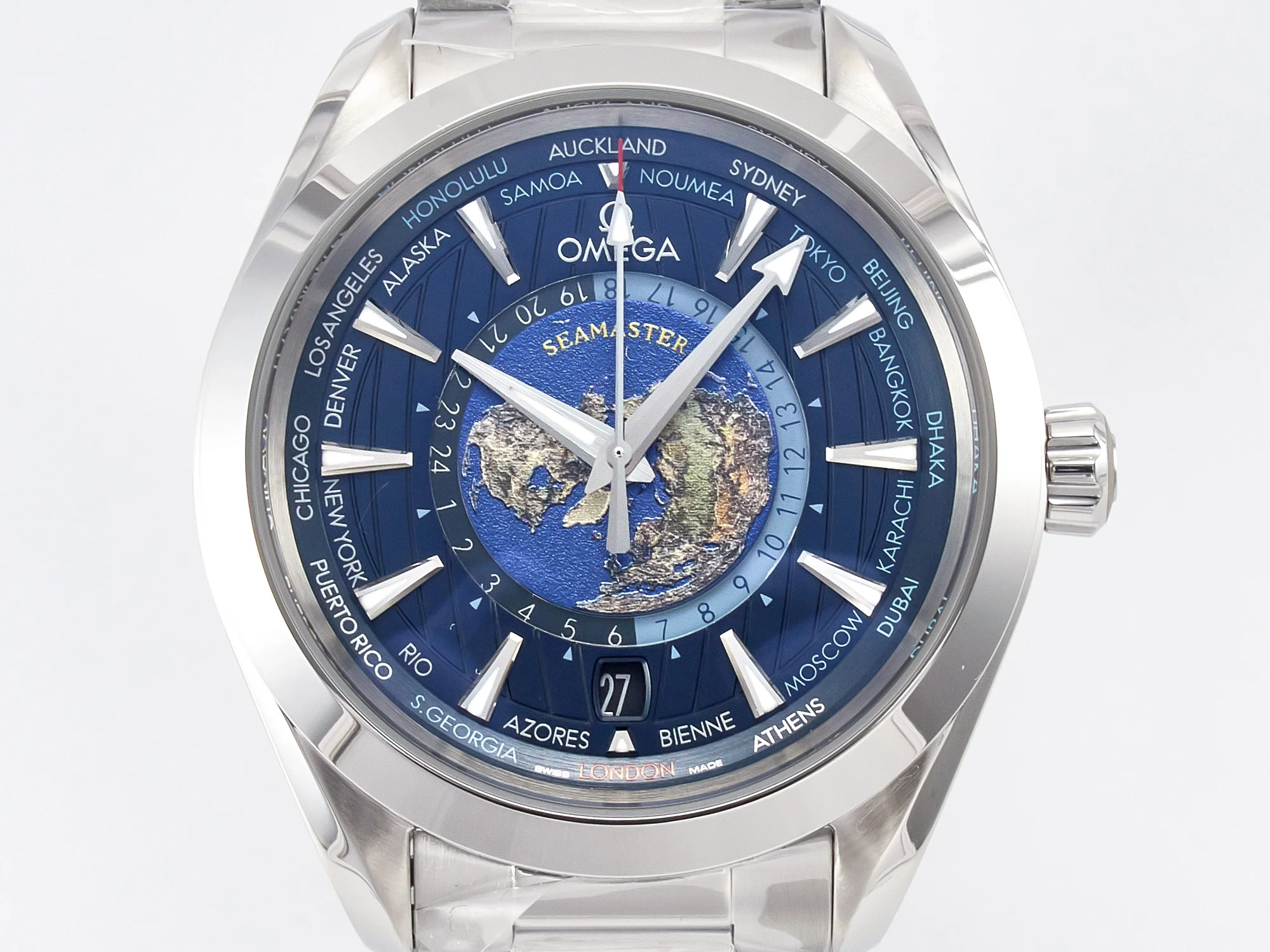 Aqua Terra 150M 43mm Worldtimer 24 VSF 1:1 Best Edition Blue Dial on SS Bracelet A8938 Super Clone