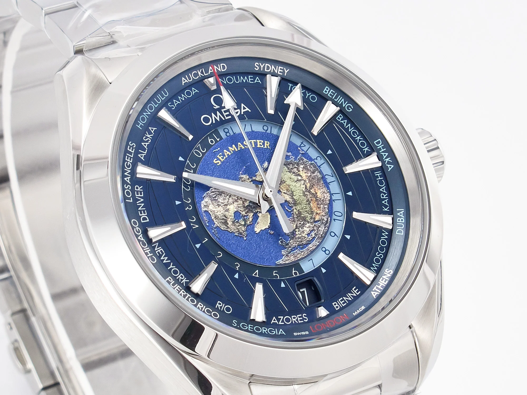 Aqua Terra 150M 43mm Worldtimer 24 VSF 1:1 Best Edition Blue Dial on SS Bracelet A8938 Super Clone