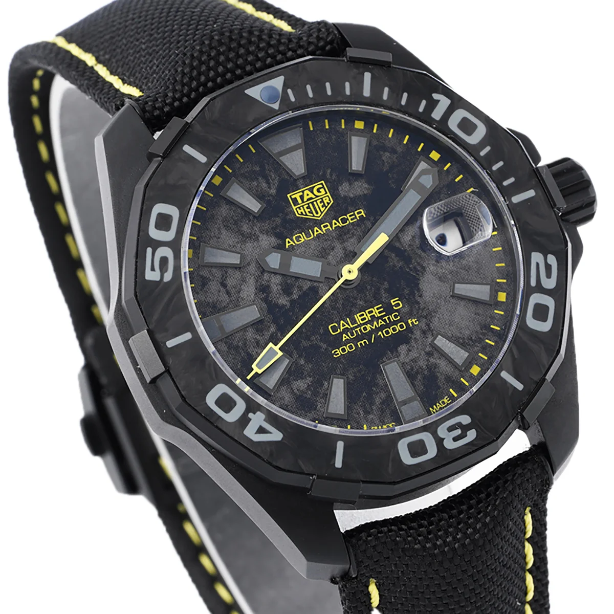 Aquaracer Calibre 5 Carbon Dial with Yellow Tachymeter