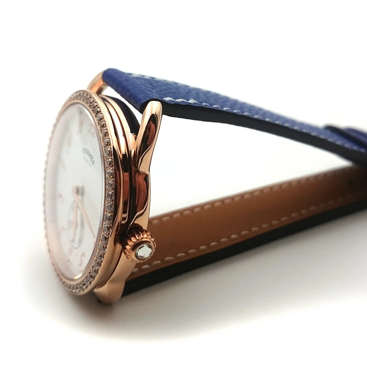 Arceau Petite Rose Gold with Diamond Bezel on Blue Epsom Leather Strap
