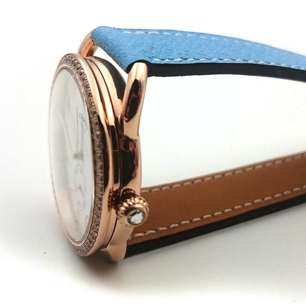 Arceau Petite Rose Gold with Diamond Bezel on Light Blue Epsom Leather Strap