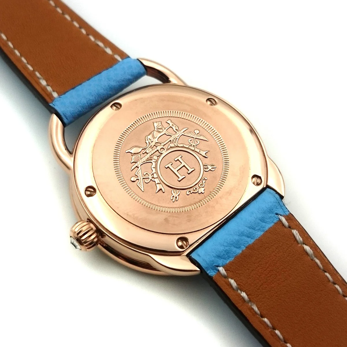 Arceau Petite Rose Gold with Diamond Bezel on Light Blue Epsom Leather Strap