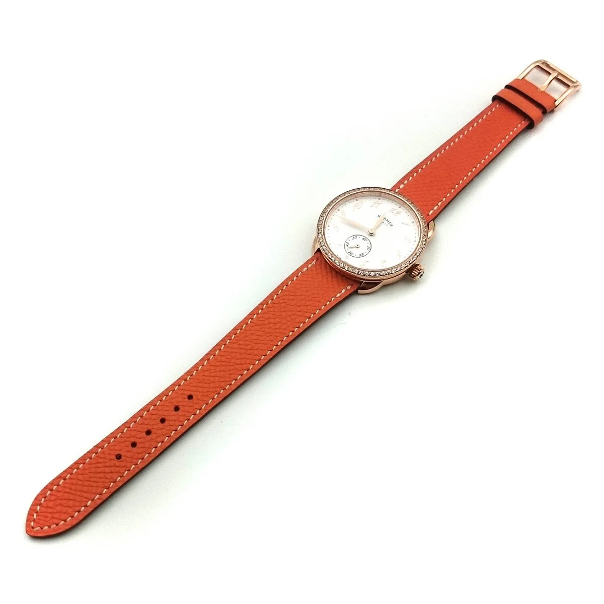 Arceau Petite Rose Gold with Diamond Bezel on Orange Epsom Leather Strap