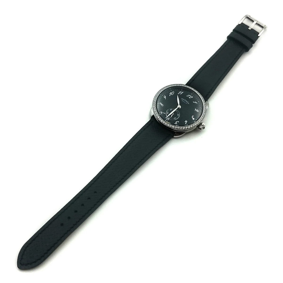 Arceau Petite Steel Black Dial with Diamond Bezel on Black Epsom Leather Strap