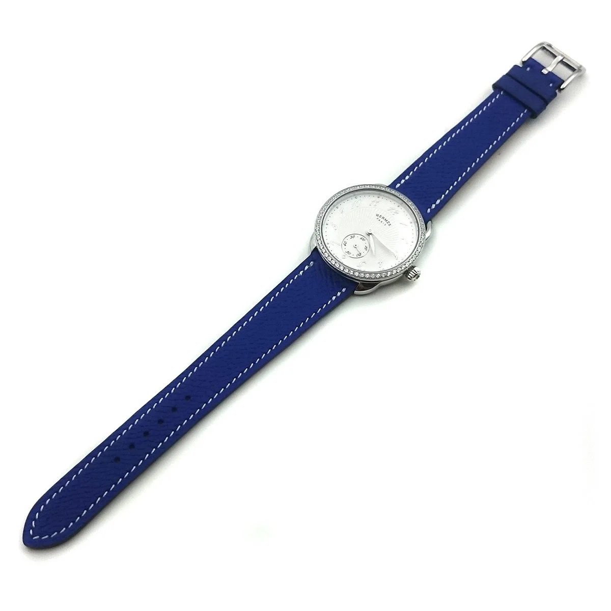 Arceau Petite Steel with Diamond Bezel on Blue Epsom Leather Strap
