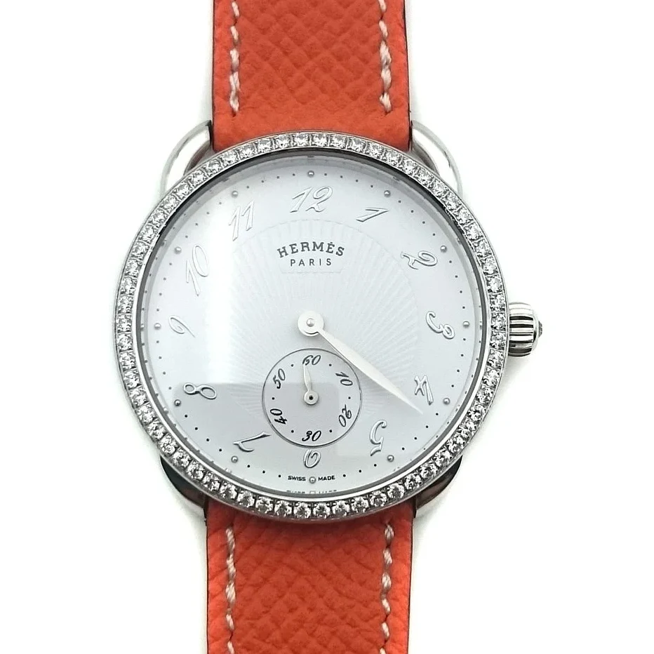 Arceau Petite Steel with Diamond Bezel on Orange Epsom Leather Strap