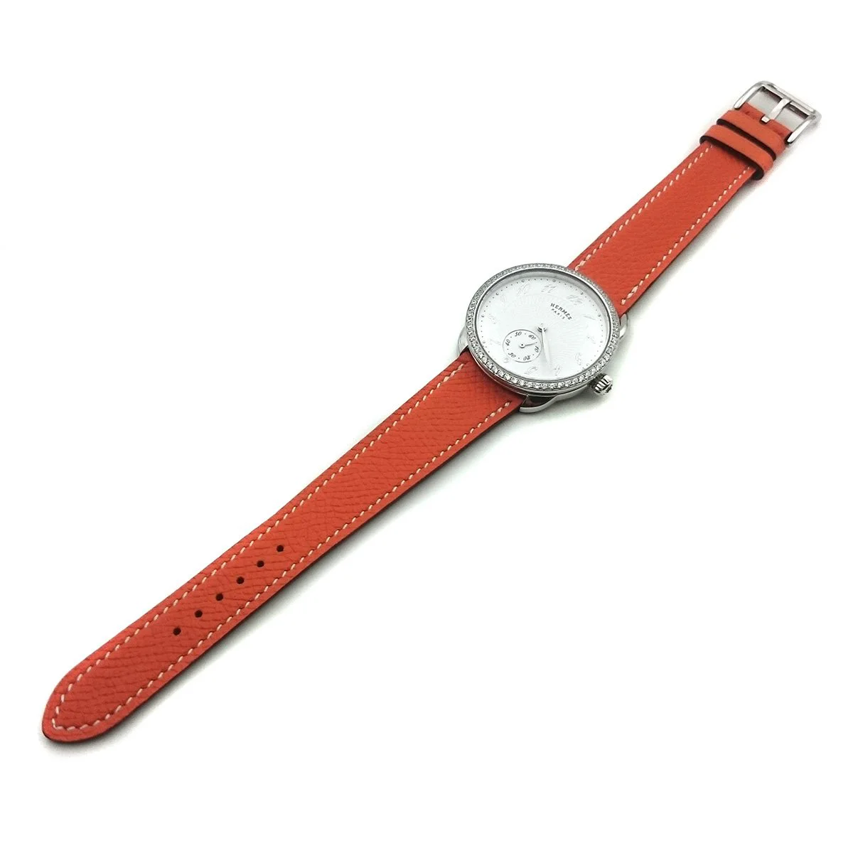 Arceau Petite Steel with Diamond Bezel on Orange Epsom Leather Strap