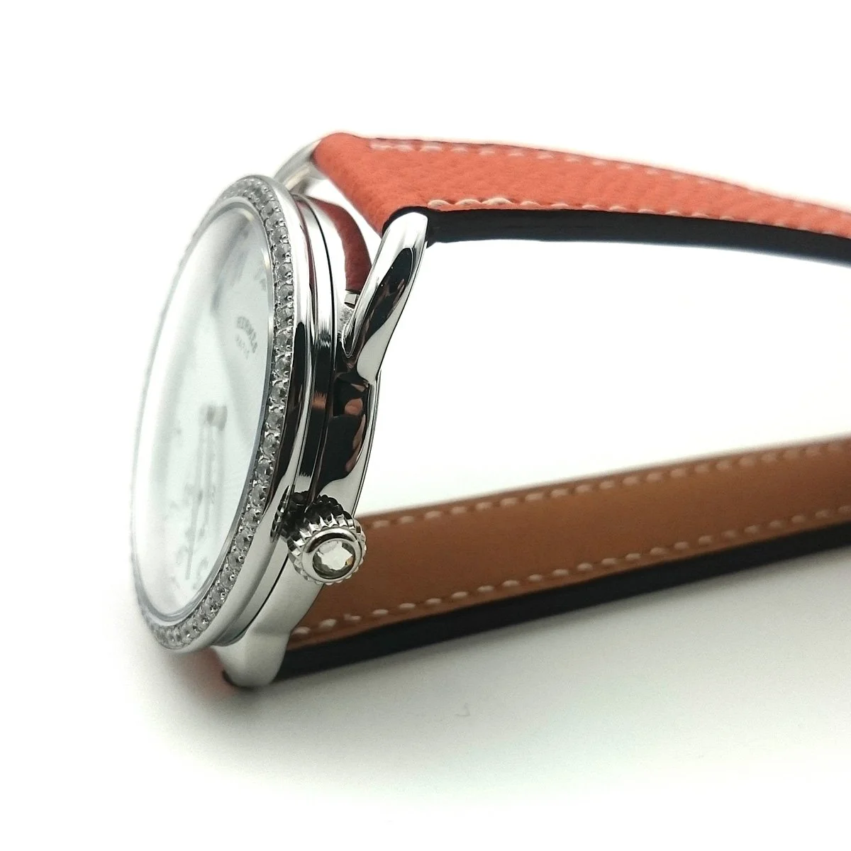 Arceau Petite Steel with Diamond Bezel on Orange Epsom Leather Strap