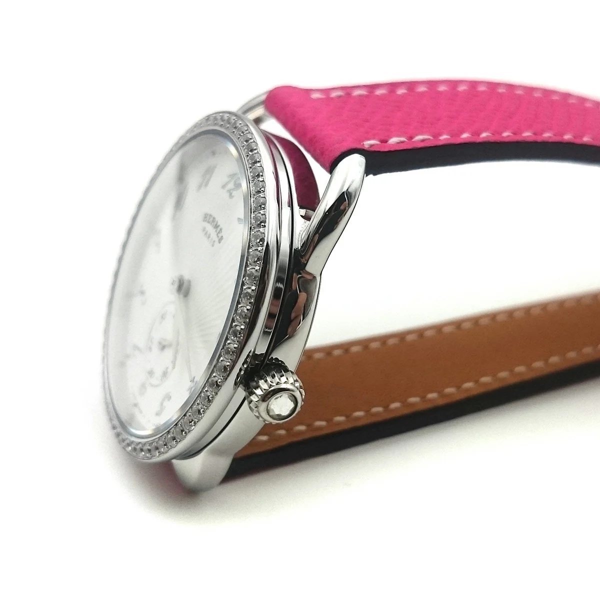 Arceau Petite Steel with Diamond Bezel on Pink Epsom Leather Strap
